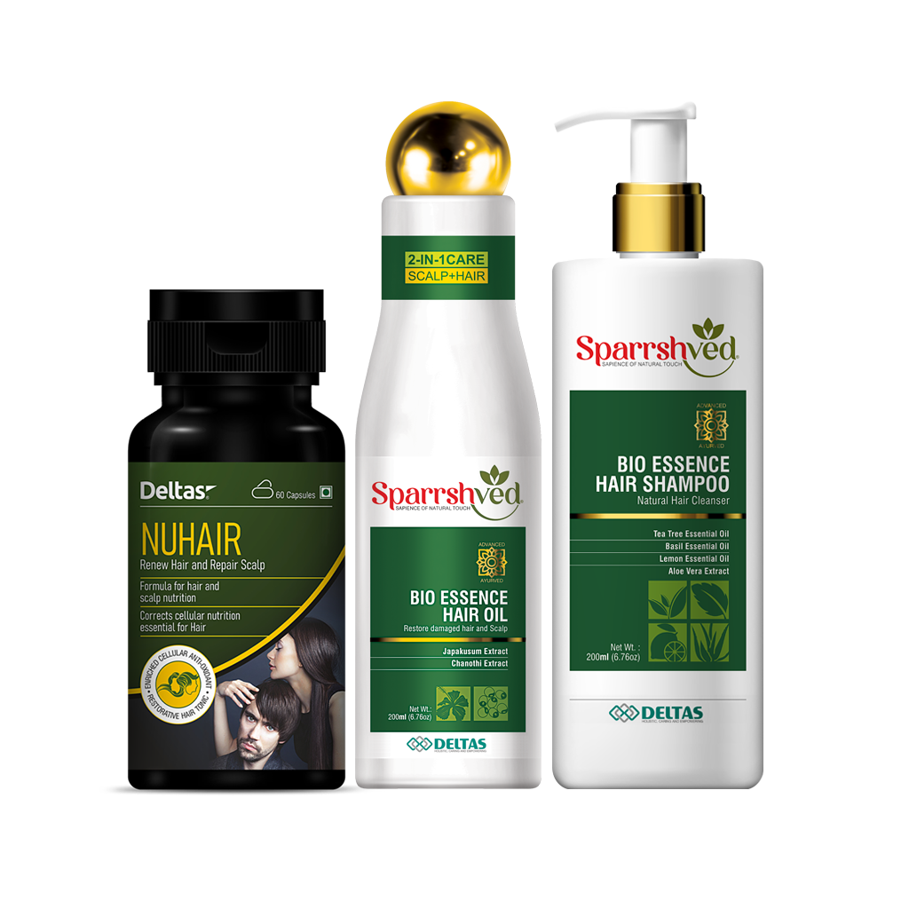 Nuhair Hair Care Combo with capsule, hair oil and shampoo by Deltas Pharma